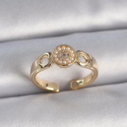 Mey İthalat® Pirinç Gold Renk Zirkon Taşlı İncili Kalp İşleme Detay Ayarlanabilir Kadın Yüzük