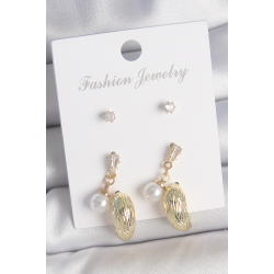 Mey İthalat® Pirinç Gold Renk Zirkon Taşlı İncili Sallantılı İşlemeli Damla Model 3 Çift Kadın Küpe Seti