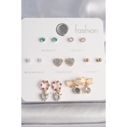 Mey İthalat® Pirinç Gold Renk Zirkon Taşlı Kalp Beyaz Mineli Fiyonk Figür 7 Çift Kadın Küpe Seti