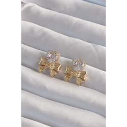 Mey İthalat® Pirinç Gold Renk Zirkon Taşlı Kalp Model Fiyonk Küpe