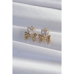 Mey İthalat® Pirinç Gold Renk Zirkon Taşlı Kalp Model Fiyonk Küpe