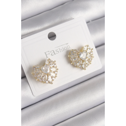 Mey İthalat® Pirinç Gold Renk Zirkon Taşlı Kalp Model Kadın Küpe