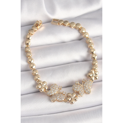 Mey İthalat® Pirinç Gold Renk Zirkon Taşlı Kelebek Figür Çiçek Zincir Model Kadın Bileklik