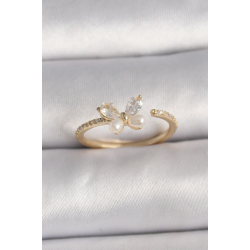 Mey İthalat® Pirinç Gold Renk Zirkon Taşlı Kelebek Mode İnci Detay Ayarlanabilir Yüzük