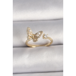 Mey İthalat® Pirinç Gold Renk Zirkon Taşlı Kelebek Model İnci Detay Ayarlanabilir Yüzük