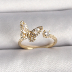 Mey İthalat® Pirinç Gold Renk Zirkon Taşlı Kelebek Model İnci Detay Ayarlanabilir Yüzük