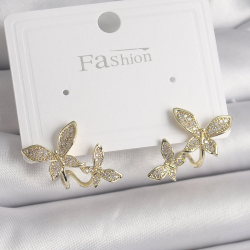 Mey İthalat® Pirinç Gold Renk Zirkon Taşlı Kelebek Model Kadın Küpe