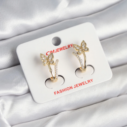 Mey İthalat® Pirinç Gold Renk Zirkon Taşlı Kelebek Model Kadın Küpe