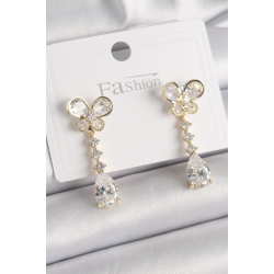 Mey İthalat® Pirinç Gold Renk Zirkon Taşlı Kelebek Model Sallantı Damla Zirkon Taş Kadın Küpe