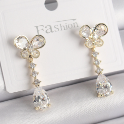 Mey İthalat® Pirinç Gold Renk Zirkon Taşlı Kelebek Model Sallantı Damla Zirkon Taş Kadın Küpe