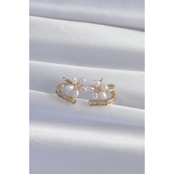 Mey İthalat® Pirinç Gold Renk Zirkon Taşlı Kıvrımlı İnci Çiçek Küpe