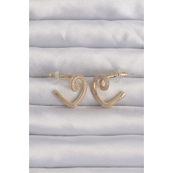 Mey İthalat® Pirinç Gold Renk Zirkon Taşlı Kıvrımlı Yarım Kalp Küpe