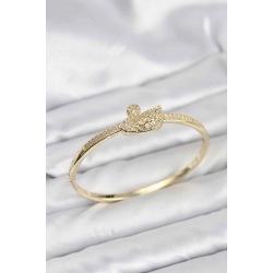 Mey İthalat® Pirinç Gold Renk Zirkon Taşlı Kuğu Model Kadın Kelepçe Bileklik