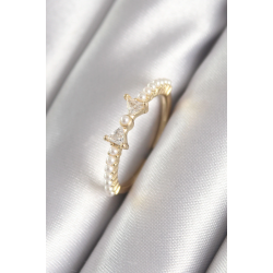 Mey İthalat® Pirinç Gold Renk Zirkon Taşlı Kurdele İnci Detay Kadın Yüzük