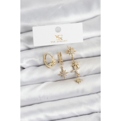Mey İthalat® Pirinç Gold Renk Zirkon Taşlı Kutup Yıldızı Model YSX Trio Küpe Seti