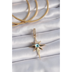 Mey İthalat® Pirinç Gold Renk Zirkon Taşlı Kutup Yıldızı Nazar Boncuk Detay Ajda Charm