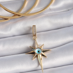 Mey İthalat® Pirinç Gold Renk Zirkon Taşlı Kutup Yıldızı Nazar Boncuk Detay Ajda Charm