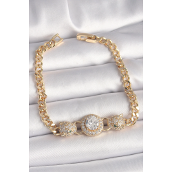 Mey İthalat® Pirinç Gold Renk Zirkon Taşlı Leopar Figür Zincir Model Kadın Bileklik