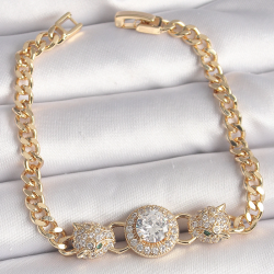 Mey İthalat® Pirinç Gold Renk Zirkon Taşlı Leopar Figür Zincir Model Kadın Bileklik