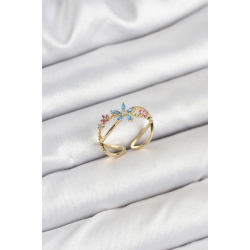 Mey İthalat® Pirinç Gold Renk Zirkon Taşlı Mavi Çiçekli Kadın Yüzük