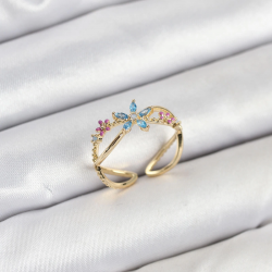 Mey İthalat® Pirinç Gold Renk Zirkon Taşlı Mavi Çiçekli Kadın Yüzük