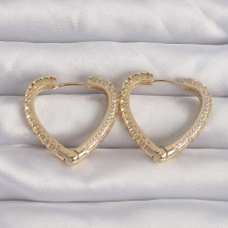 Mey İthalat® Pirinç Gold Renk Zirkon Taşlı Motifli Kalp Küpe