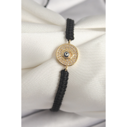 Mey İthalat® Pirinç Gold Renk Zirkon Taşlı Nazar Boncuk İşleme Makrome Asansörlü Model Kadın Bileklik