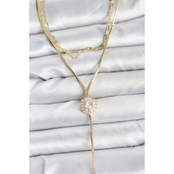 Mey İthalat® Pirinç Gold Renk Zirkon Taşlı Papatya Model Detaylı 3'lü Kombin Y Kadın Kolye