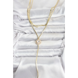 Mey İthalat® Pirinç Gold Renk Zirkon Taşlı Papatya Model Detaylı 3'lü Kombin Y Kadın Kolye