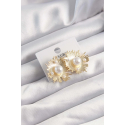 Mey İthalat® Pirinç Gold Renk Zirkon Taşlı Parlayan İnci Taneleri Küpe