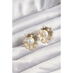 Mey İthalat® Pirinç Gold Renk Zirkon Taşlı Parlayan İnci Taneleri Küpe