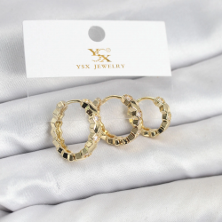 Mey İthalat® Pirinç Gold Renk Zirkon Taşlı Petek Halka Model YSX Trio Küpe Seti