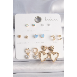 Mey İthalat® Pirinç Gold Renk Zirkon Taşlı Sallantı Beyaz Sedefli Kalp Model 7 Çift Kadın Küpe Seti