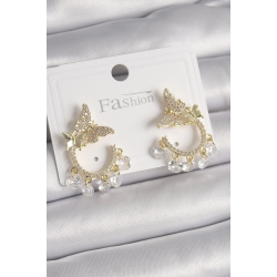 Mey İthalat® Pirinç Gold Renk Zirkon Taşlı Sallantı Detay Kelebek Model Kadın Küpe