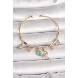 Mey İthalat® Pirinç Gold Renk Zirkon Taşlı Sallantı Filamingo Figür Charm Kadın Bileklik