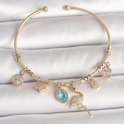 Mey İthalat® Pirinç Gold Renk Zirkon Taşlı Sallantı Filamingo Figür Charm Kadın Bileklik