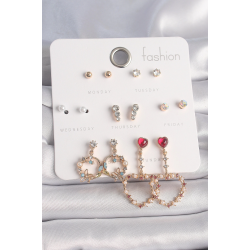 Mey İthalat® Pirinç Gold Renk Zirkon Taşlı Sallantı Kalp Figür 7 Çift Kadın Küpe Seti