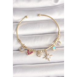 Mey İthalat® Pirinç Gold Renk Zirkon Taşlı Sallantı Kutup Yıldız Figür İnci Detay Charm Kadın Bileklik