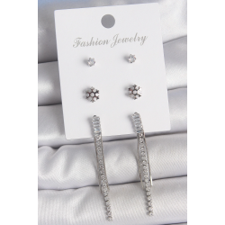 Mey İthalat® Pirinç Gold Renk Zirkon Taşlı Sallantılı Çiçek Detay 3 Çfit Kadın Küpe Seti