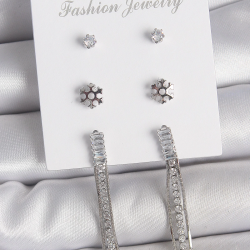 Mey İthalat® Pirinç Gold Renk Zirkon Taşlı Sallantılı Çiçek Detay 3 Çfit Kadın Küpe Seti