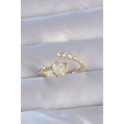 Mey İthalat® Pirinç Gold Renk Zirkon Taşlı Sedefli Kalp Model Ayarlanabilir Yüzük