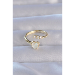 Mey İthalat® Pirinç Gold Renk Zirkon Taşlı Sedefli Kalp Model Ayarlanabilir Yüzük