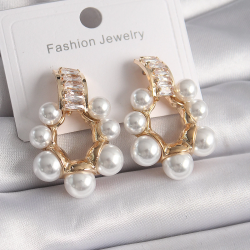 Mey İthalat® Pirinç Gold Renk Zirkon Taşlı Su Yolu İncili Halka Model Kadın Küpe