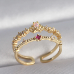 Mey İthalat® Pirinç Gold Renk Zirkon Taşlı Taç Model Kadın Yüzük