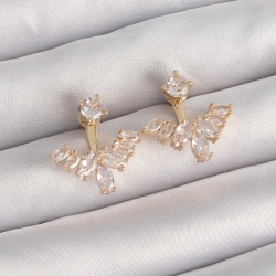 Mey İthalat® Pirinç Gold Renk Zirkon Taşlı V Model Küpe