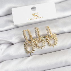 Mey İthalat® Pirinç Gold Renk Zirkon Taşlı Vintage Model YSX Trio Küpe Seti