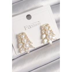 Mey İthalat® Pirinç Gold Renk Zirkon Taşlı Yaprak Model İnci Detay Kadın Küpe