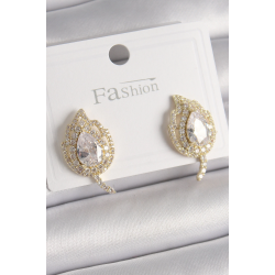 Mey İthalat® Pirinç Gold Renk Zirkon Taşlı Yaprak Model Kadın Küpe