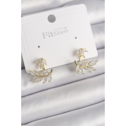 Mey İthalat® Pirinç Gold Renk Zirkon Taşlı Yaprak Model Kadın Küpe