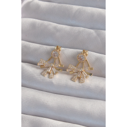 Mey İthalat® Pirinç Gold Renk Zirkon Taşlı Yassı Fiyonk Model Küpe